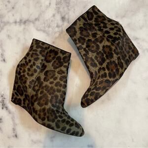 Brian Atwood Bellaria Leopard Print Fur Wedge Ankle Booties